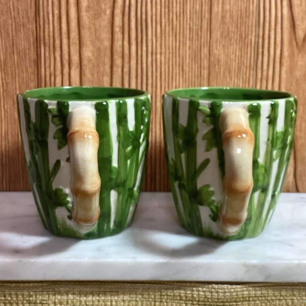 Pier One Green and White Bamboo Mugs Pandas inside